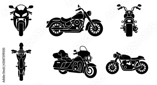 Photos Black motorcycle silhouette icons set, 6 vector motorbike illustrations, cruiser