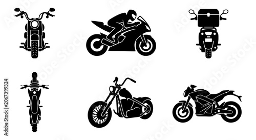 Bild auf Leinwand Motorcycle silhouette icon set, black motorbike vector collection with chopper a