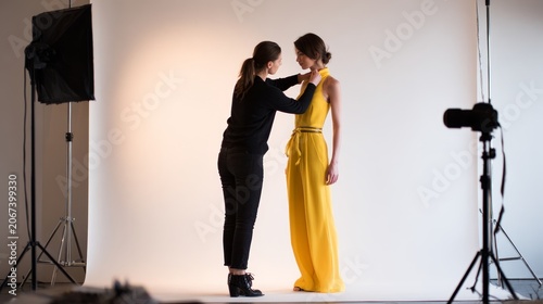 Fashion stylist adjusts a model's yellow dress during a professional photoshoot in a modern studio. Bright lighting and minimalistic background create a trendy, elegant atmosphere