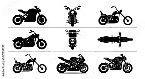 Foto Motorcycle silhouette vector set, 9 black motorbike icons including chopper and