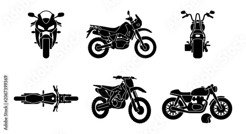Foto Motorcycle silhouette collection, set of 6 motor bike vector icons, black motorb