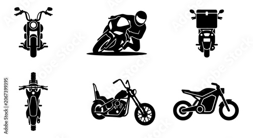 Fotografía Motorcycle silhouette icon set, black motorbike vector graphics, 6 transport ele