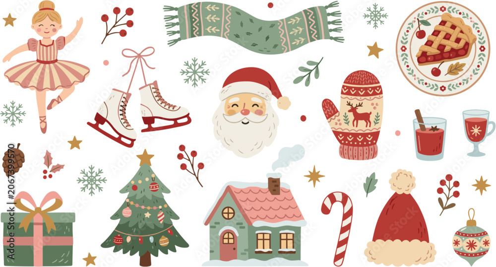 Fototapeta premium Christmas Holiday Vector Illustration Set with Santa Claus Tree and Winter Icons.