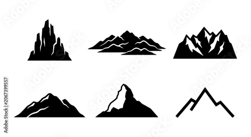 Minimalist mountain peak silhouettes, set of 6 black mountain icons, outdoor adventure nature symbols, geometric rocky hill vector illustrations