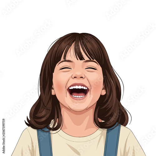 Vector portrait of a laughing girl with brown hair, bangs, closed eyes, and open mouth, wearing a cream shirt and blue overalls, isolated on a white background.