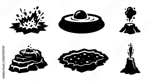 Volcano and geothermal activity icons set, black and white volcanic eruption vector symbols, hot spring and geyser silhouettes for nature maps