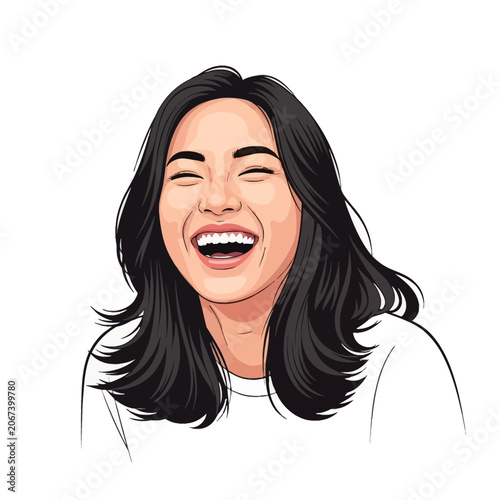 Vector illustration portrait of a laughing Asian woman with medium-length black hair and closed eyes, wearing a white t-shirt, joyful facial expression, isolated on white background.