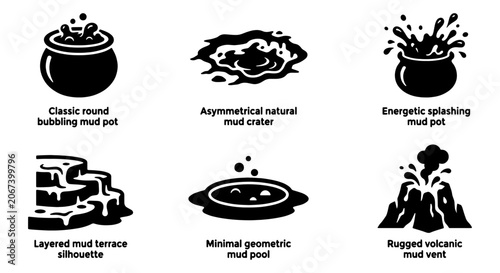 Geothermal mud pot icons, volcanic mud vent and bubbling hot spring silhouettes, 6 natural thermal feature vector elements for geology infographics