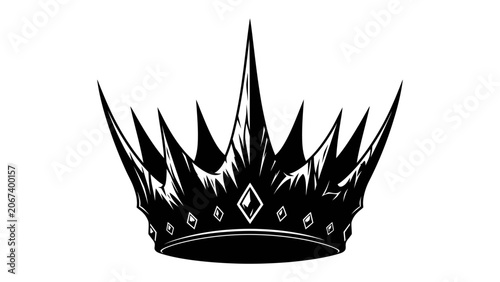 Photos Royal Crown Icon: A striking black and white illustration of a royal crown, featuring sharp spikes and jeweled accents, symbolizing power, authority, and regality