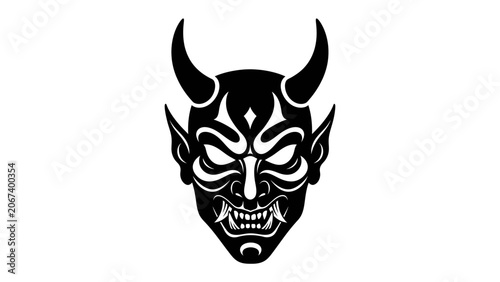 Quadro em tela Evil Demon Mask: A striking black and white illustration of a demonic mask, featuring sharp horns, piercing eyes, and bared fangs, exuding an aura of malevolence and mystery