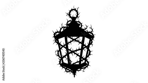 Foto Lantern Entwined with Thorns: A stark silhouette of an old lantern, completely enveloped by a dense network of thorny branches, creating a powerful visual metaphor for struggle and confinement