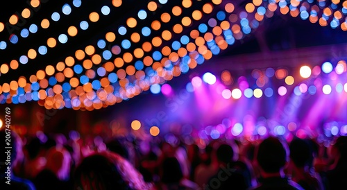 Blurry crowd under warm, vibrant string lights at a night event