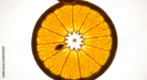 Close up fresh sliced orange with juicy segments and central pith on white background