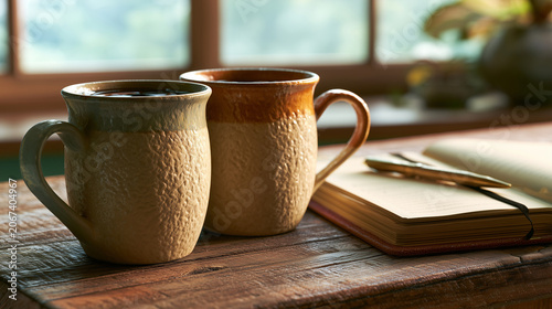 Two rustic ceramic coffee mugs on wooden table with warm morning light and cozy home background