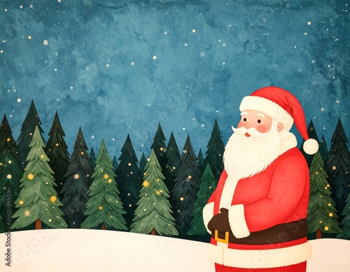 Santa in a snowy forest at night