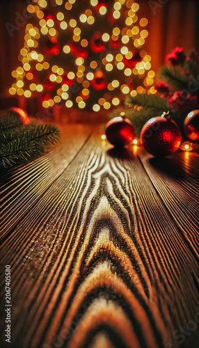 Polished Wooden Floor with Shallow Depth Under Christmas Lights