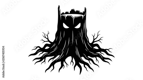 Foto Spooky Tree Stump Monster: A menacing, stylized tree stump with glowing eyes and gnarled roots transforms into a creature of the night, embodying a dark forest spirit