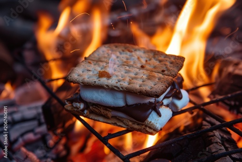 Smore melting over open campfire flames