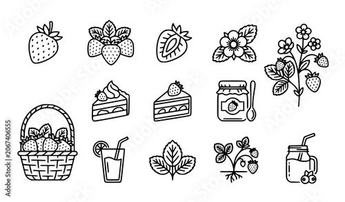 Hand Drawn Strawberry Collection with Basket Jam Cake Juice and Botanical Elements Vector
