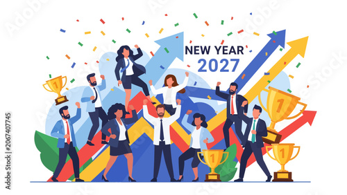 Tableau sur toile New Year 2027 Success Celebration: A vibrant illustration depicts a diverse group of professionals celebrating the arrival of the new year 2027, surrounded by confetti, trophies