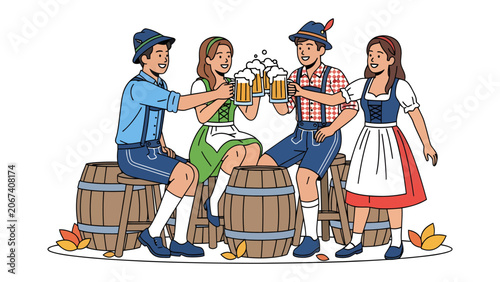 Oktoberfest Celebration: Four friends in traditional Bavarian attire clink beer steins filled with frothy beer, seated on wooden barrels, embodying the spirit of a joyous Oktoberfest.