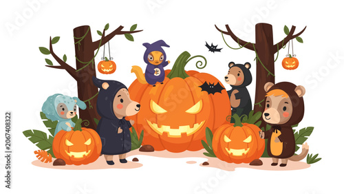 Foto Halloween Spooky Fun: Adorable animals in costumes gather around a giant, grinning jack-o'-lantern, surrounded by smaller pumpkins and spooky trees, ready for a night of trick-or-treating