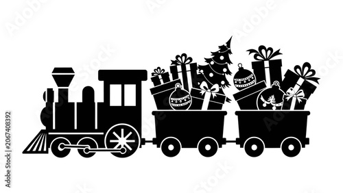 Christmas Train of Gifts: A charming silhouette of a steam train loaded with festive gifts, a Christmas tree, and ornaments, ready to deliver holiday cheer.