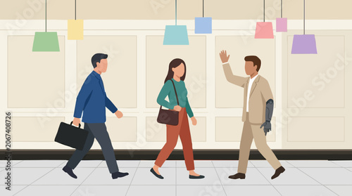 Diverse professionals walking and greeting in modern office hallway