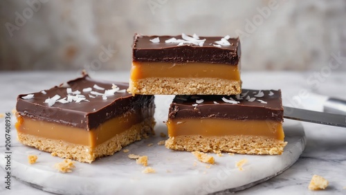 Layered chocolate caramel shortbread dessert bars