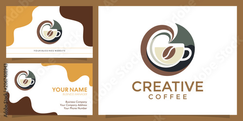 Creative Coffee logo design with a coffee cup and bean integrated into a swirling circular graphic, presented alongside matching business card mockups in brown and beige tones.