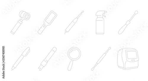 Minimalist medical equipment icons set, 10 dermatology and skincare tool line vectors, professional aesthetic clinic instruments collection