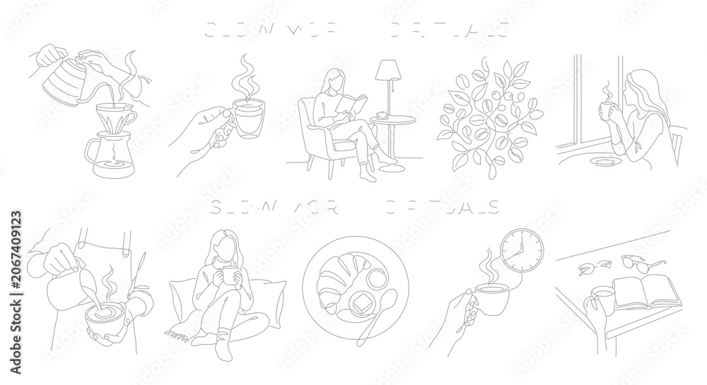 Fototapeta premium Minimalist Slow Morning Rituals Line Art, Hand Drawn Coffee Culture Vector Icons, Aesthetic Daily Routine Illustrations for Wellness and Self Care