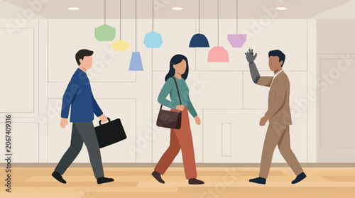 Diverse Professionals Walking in Modern Office, Man with Prosthetic Arm