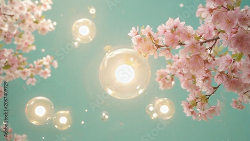 Glowing bubbles with cherry blossoms background