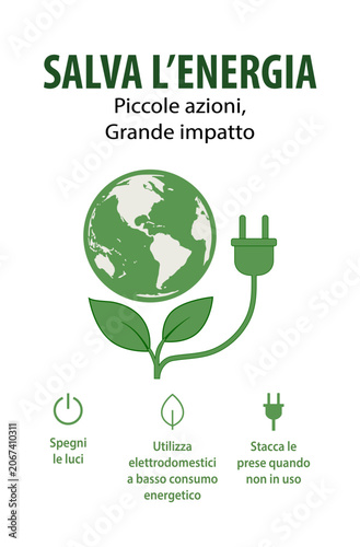 POSTER INFOGRAFICO ECOLOGICO SUL RISPARMIO ENERGETICO CON PIANETA TERRA E SPINA ELETTRICA 