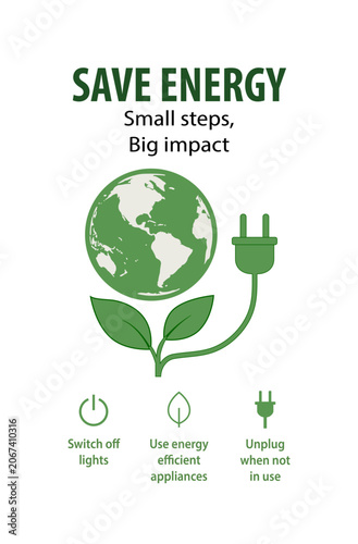 POSTER INFOGRAFICO ECOLOGICO SUL RISPARMIO ENERGETICO CON PIANETA TERRA E SPINA ELETTRICA 