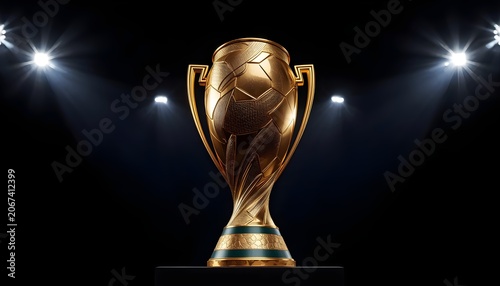 Golden soccer trophy cup illuminated by spotlights on black background.