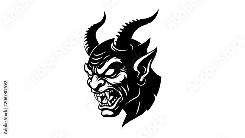 Schilderij op canvas Demonic Visage: A striking black and white illustration of a devil's head, featuring menacing horns, piercing eyes, and bared fangs, evokes a sense of dark power and the supernatural