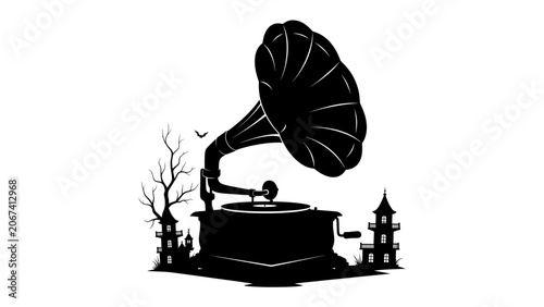 Photos Vintage Gramophone Silhouette: A stark black silhouette of an antique gramophone, complete with a horn and turntable, stands amidst a spooky, gothic landscape featuring bare trees and eerie pagodas