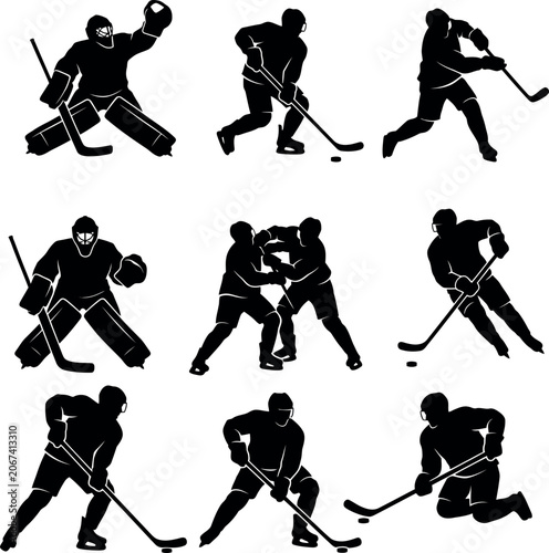 Photography Black silhouettes of ice hockey players in various poses