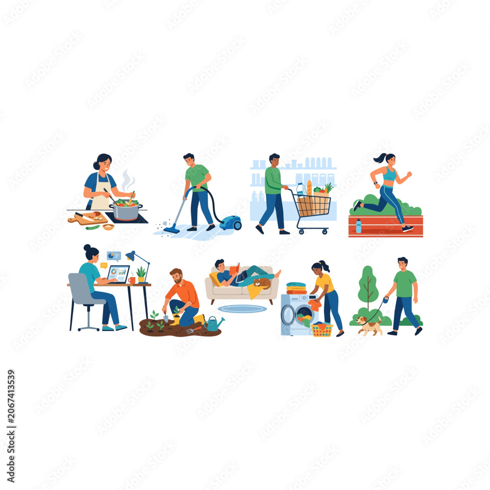 Fototapeta premium Set of diverse people performing various daily activities and household chores.