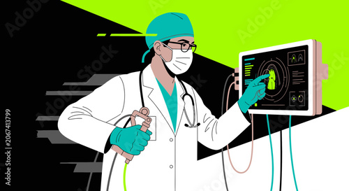 Medical Professional Analyzing Data on Digital Screen, Healthcare Illustration Concept