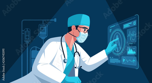 Medical Professional Analyzing Data on Futuristic Display for Advanced Healthcare