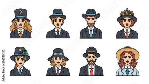 Obraz na plátně Dapper Collection: A stylized illustration showcases a diverse ensemble of elegantly dressed individuals, each adorned with distinct hats, exuding a sense of vintage charm and sophisticated fashion