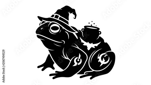 Photos Whimsical Wizard Frog: A stylized illustration of a frog wearing a witch's hat, with a bubbling cauldron on its back, embodying playful magic and fantasy