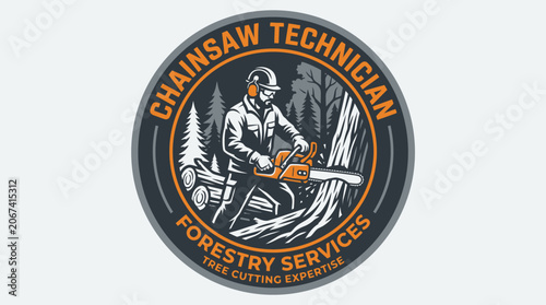 Chainsaw Technician Forestry Services Tree Cutting Expert Logo.
