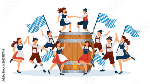 Fotografie Oktoberfest Celebration: A vibrant illustration depicting a lively Oktoberfest gathering with people in traditional Bavarian attire dancing around a large wooden barrel, waving checkered flags