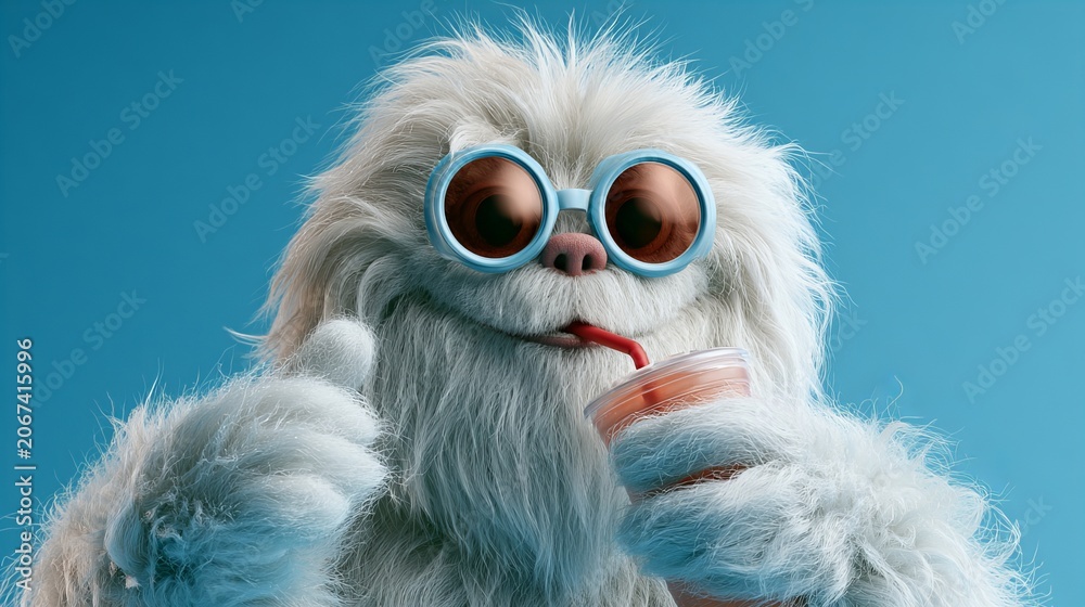 Obraz premium Cute Yeti leaning with ice cold drink, heatwave prevention techniques