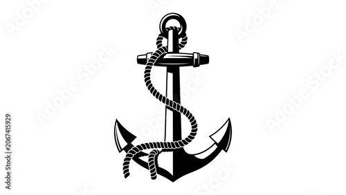 Foto Anchor and Rope: A classic nautical anchor with a thick rope coiled around it, symbolizing stability, strength, and the seafaring spirit