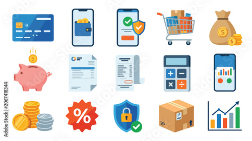 Finance and Ecommerce Elements Flat Vector Illustration Set